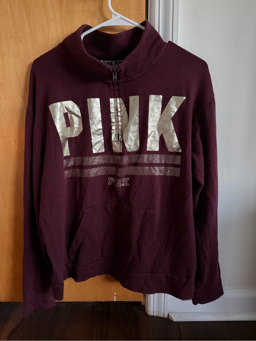 PINK Victoria's Secret Burgundy Half-Zip Sweatshirt with Metallic Logo